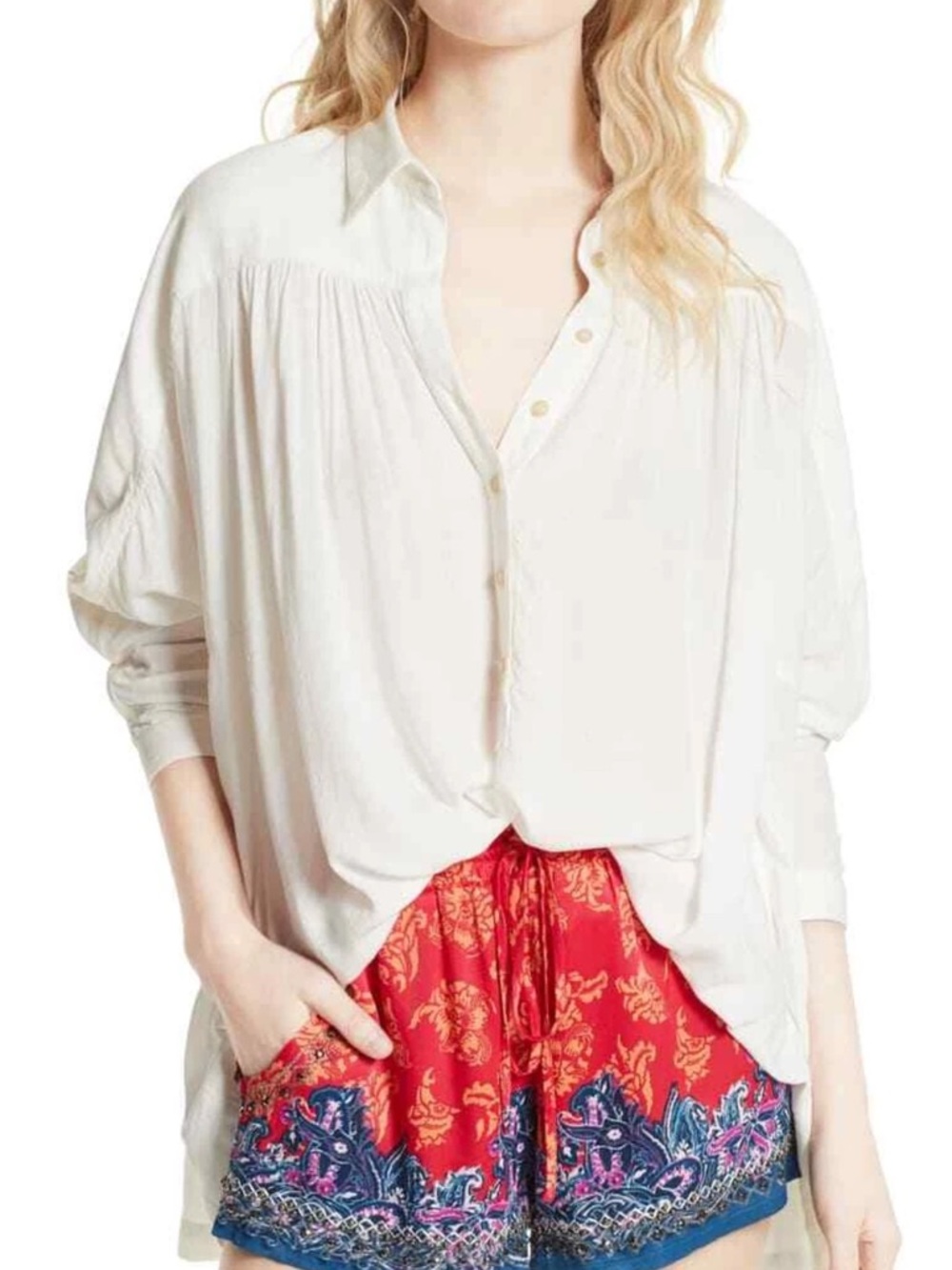 Free People Lovely Day Button Down Oversized Summer Ivory Shirt Top Woman Small